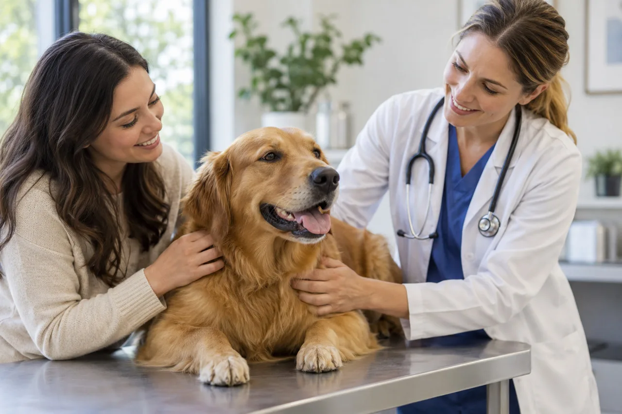 Veterinarian discussing a dog’s care with its owner